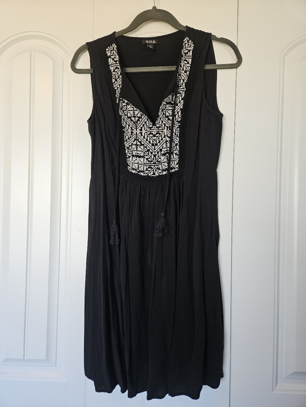a.n.a Black Midi Dress with White Embroidered V-Neck